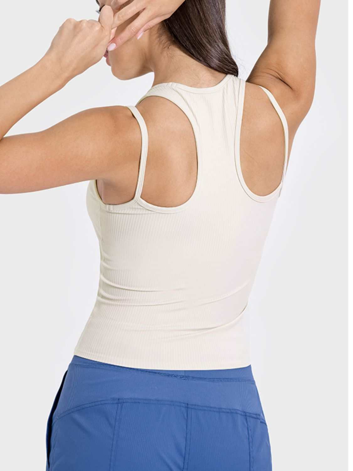 Millennia Cutout Round Neck Racerback Active Tank in beige, back view