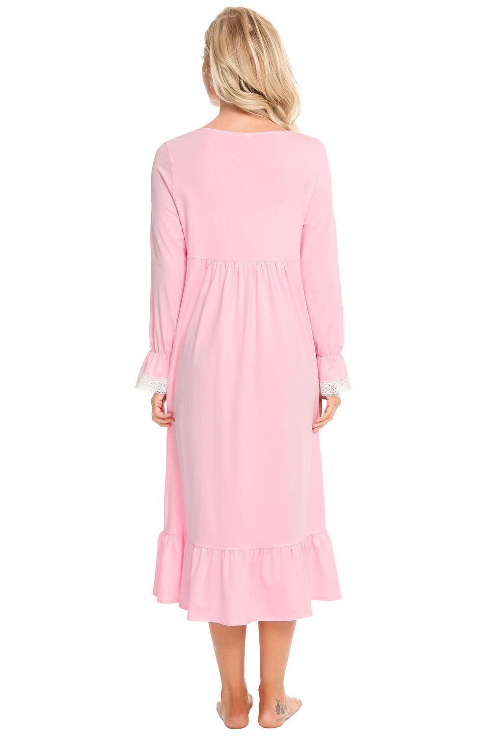 Lace detail pink night dress with square neck and flounce sleeves.