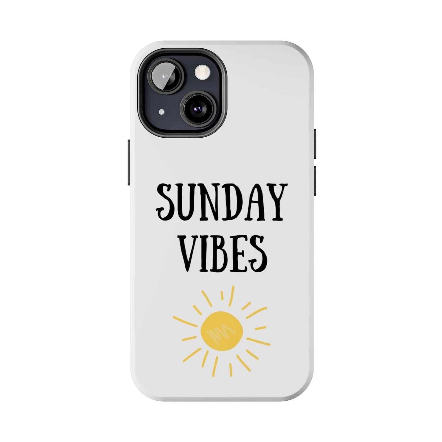 Phone case with "Sunday Vibes" sun graphic design and durable Lexan plastic material.