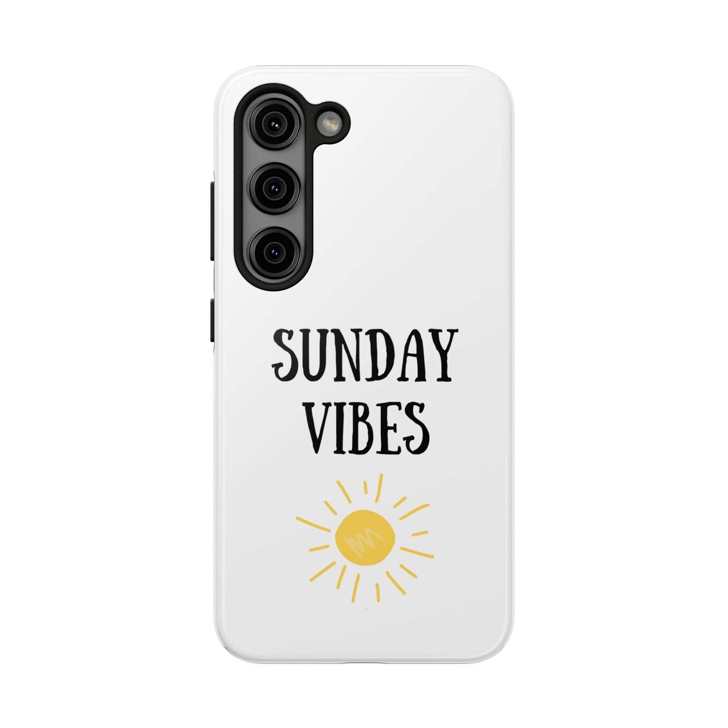 Phone case with 'Sunday Vibes' sun graphic design, relaxed and positive theme.