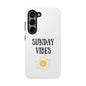 Phone case with 'Sunday Vibes' sun graphic design, relaxed and positive theme.