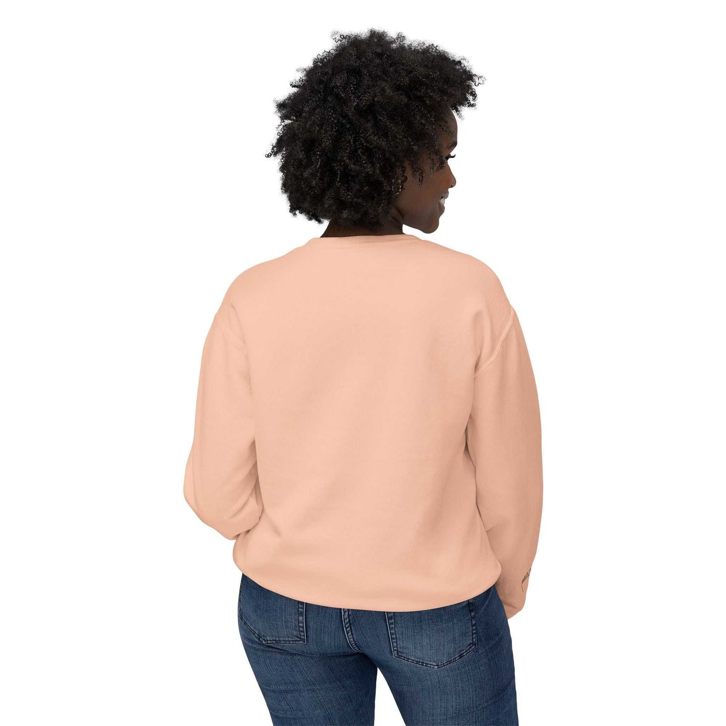 Rear view of woman wearing Queens Mystery Sweatshirt in peach.