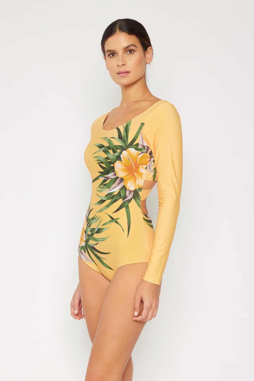 Marina West Swim cool down long sleeve one-piece swimsuit with floral print, sun protection, and moderate stretch.