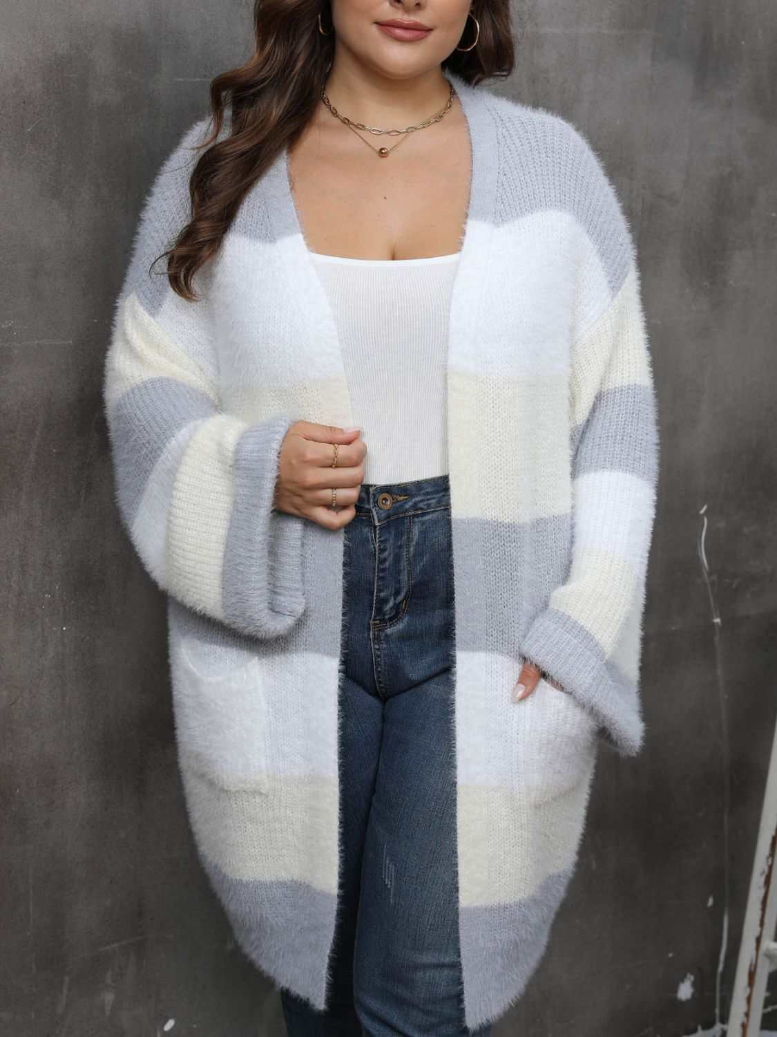 Plus size open front long sleeve cardigan in gray and white stripes.