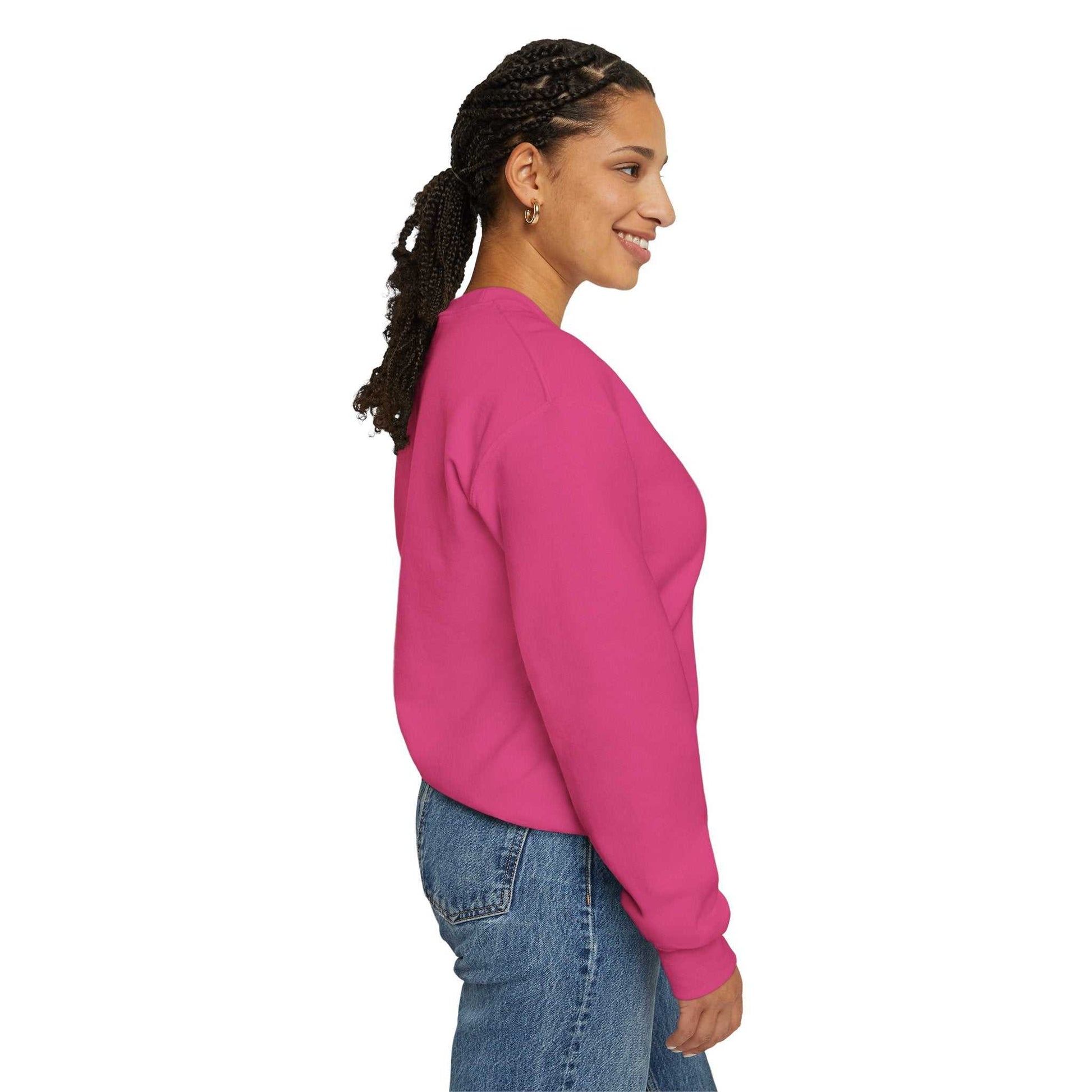 Pink "T. B. R. Tsundoku" crewneck sweatshirt side view, ideal for book lovers.