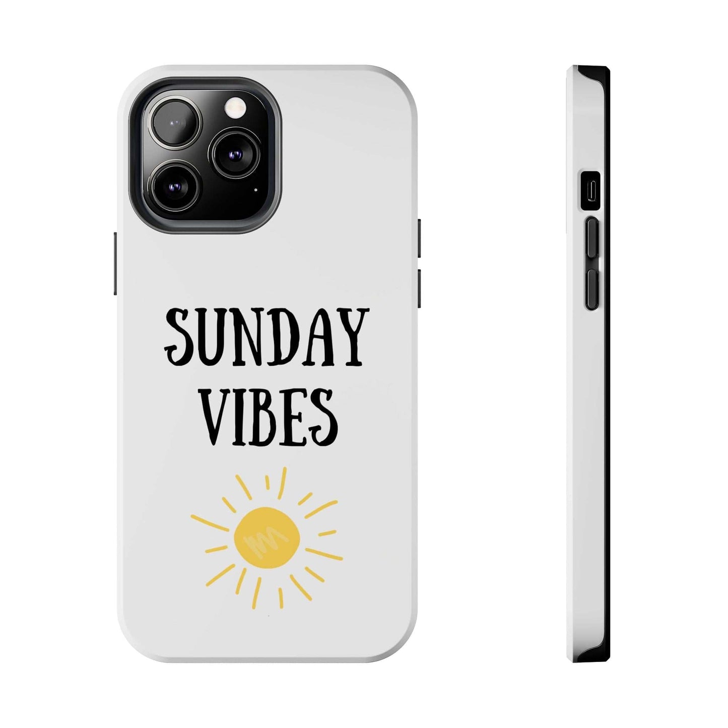 Phone case with 'Sunday Vibes' sun graphic design, Lexan plastic, glossy finish.