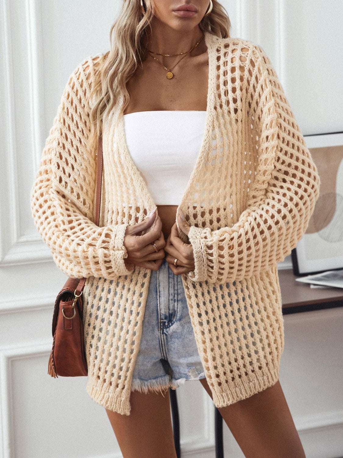 Openwork Open Front Long Sleeve Cardigan Tan