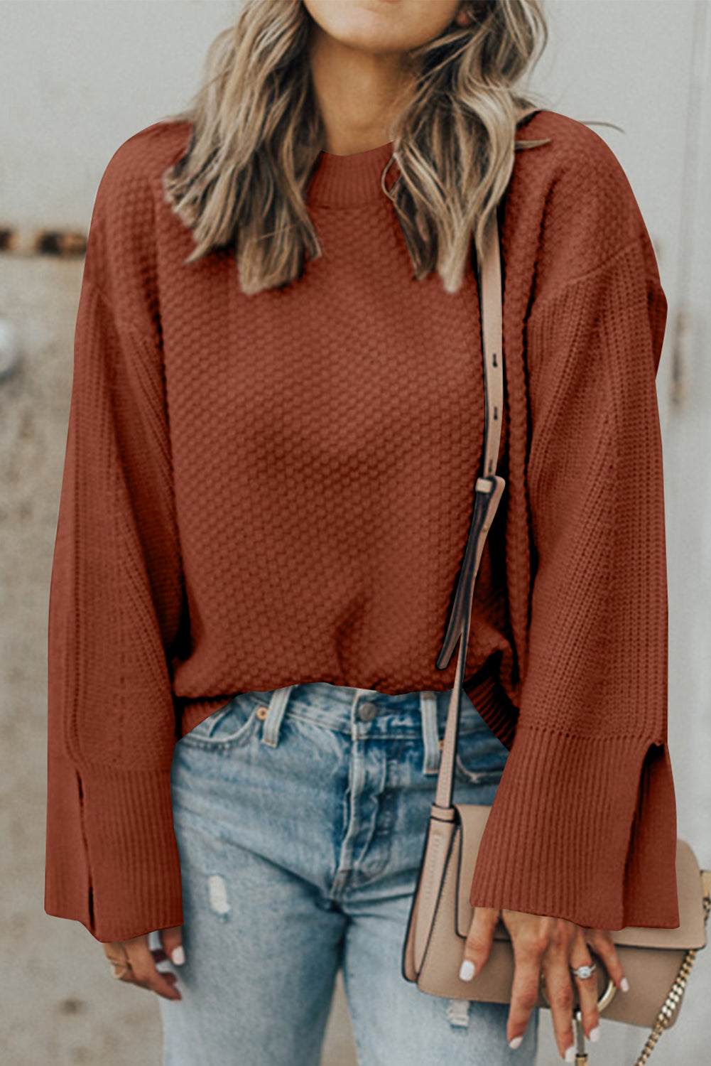 Textured Round Neck Long Sleeve Sweater Dark Brown