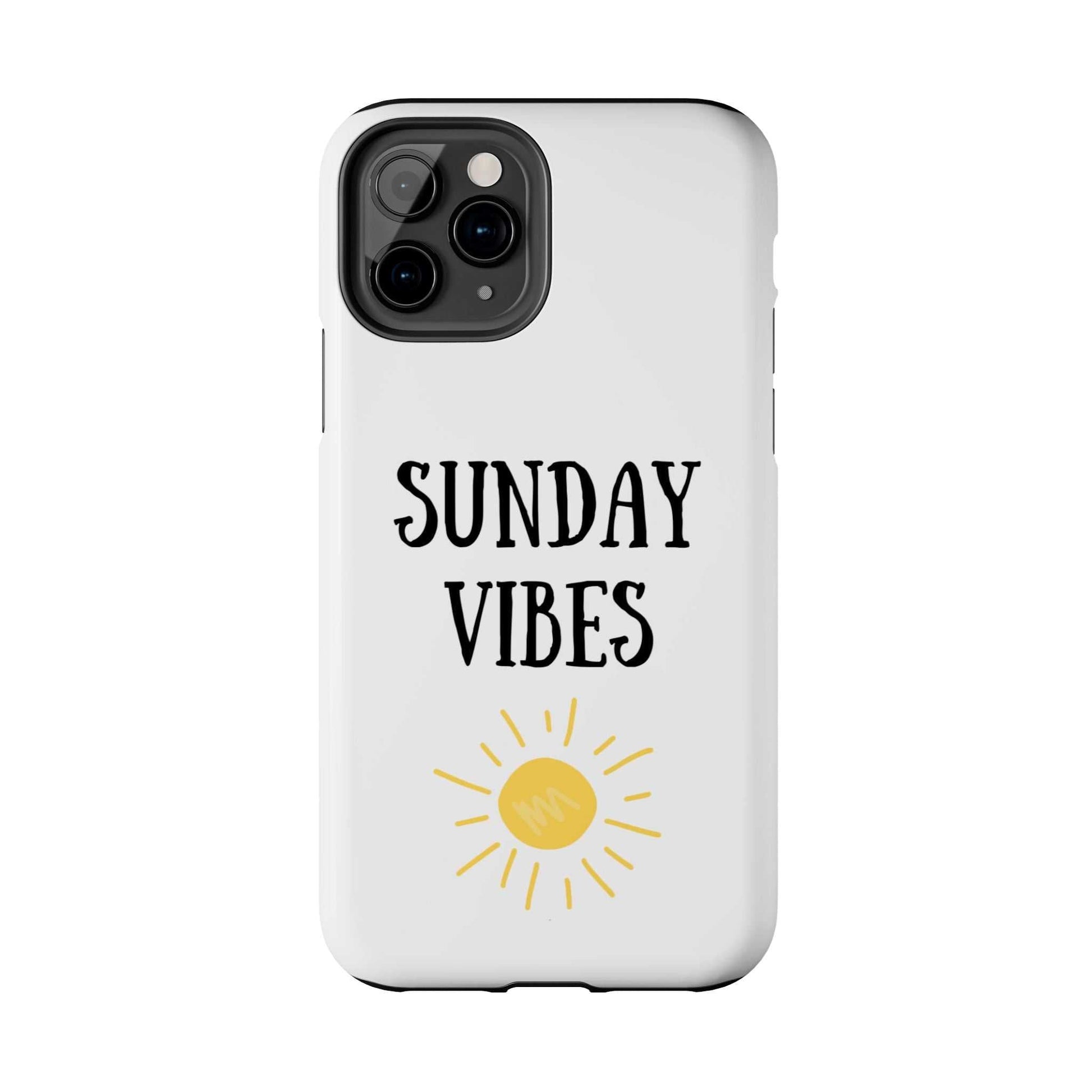 Phone case with 'Sunday Vibes' sun graphic design, durable Lexan plastic.