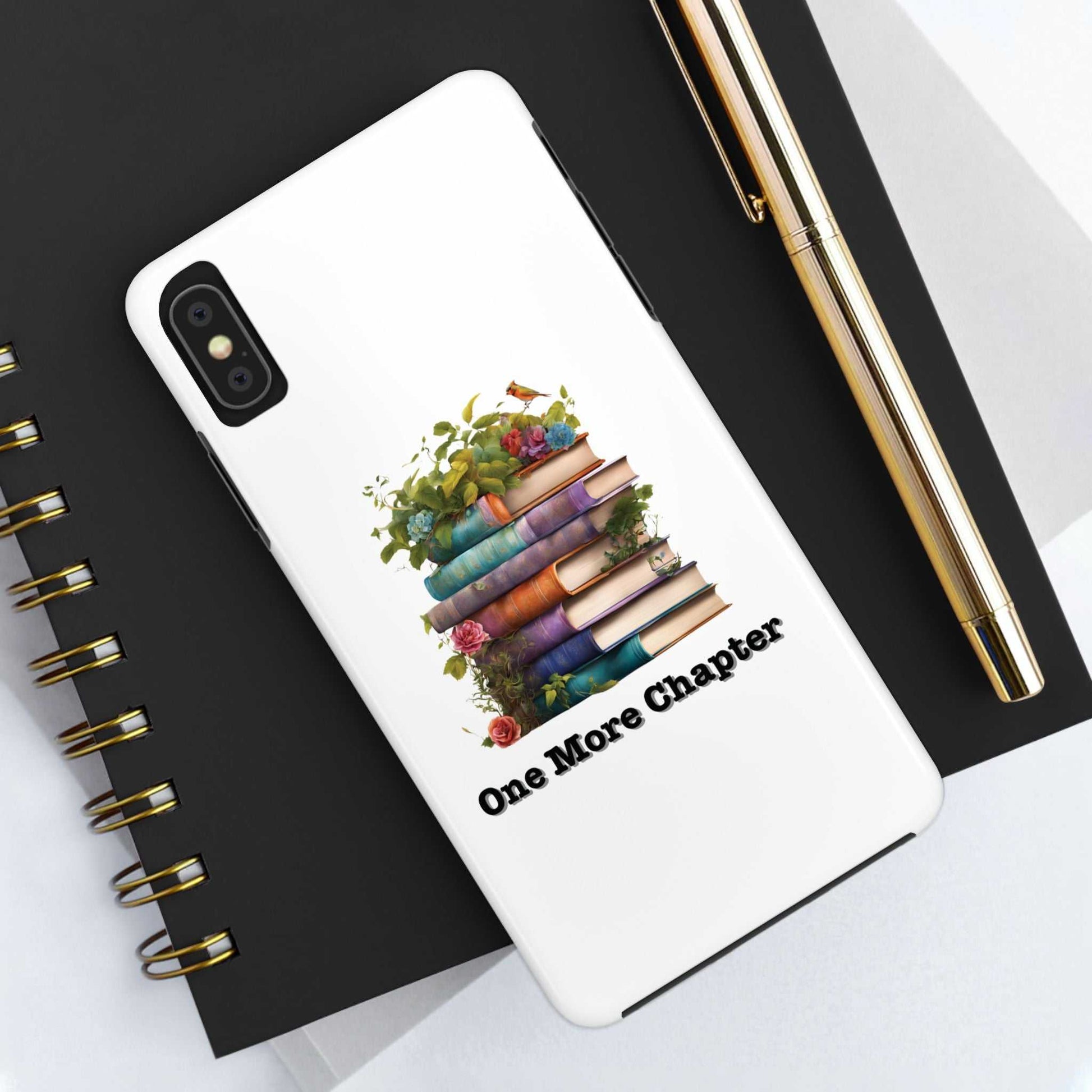 Phone case with 'One More Chapter' book pile design for book lovers.