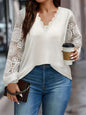 Plus size lace detail V-neck long sleeve T-shirt in white, made of polyester, featuring opaque non-stretch fabric.