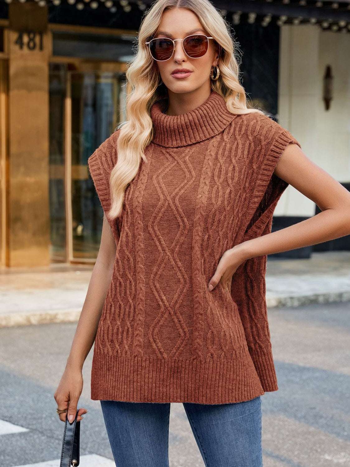 Side Slit Turtleneck Sweater Vest in brown, featuring a basic style and slightly stretchy acrylic material.