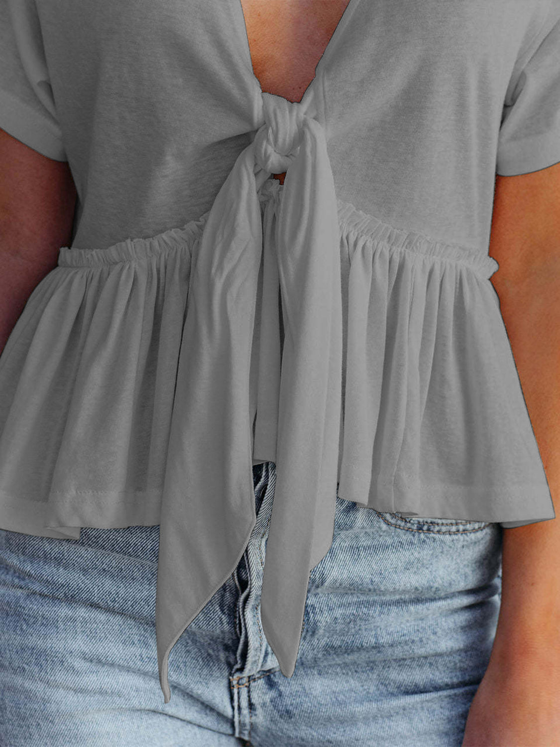 Tied Plunge Short Sleeve Blouse