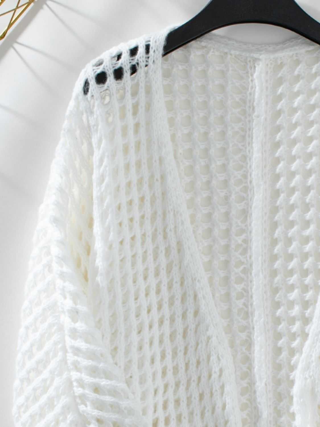 Openwork Open Front Long Sleeve Cardigan White