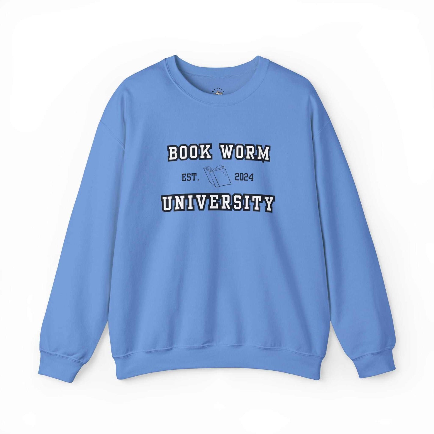 Blue Bookworm University Crewneck Sweatshirt with 'Est 2024' design and book graphic.