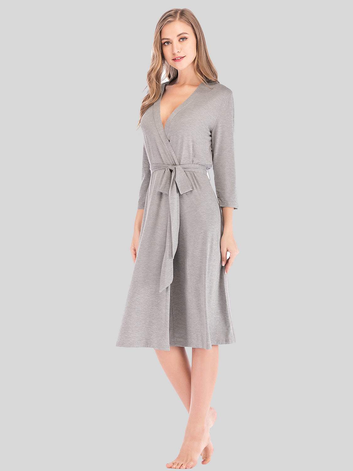 Plunge Tie Front Night Dress in light grey, slightly stretchy cotton blend, knee-length with long sleeves.