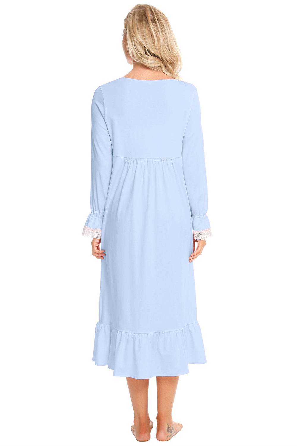 Lace detail square neck flounce sleeve night dress in pastel blue, back view.