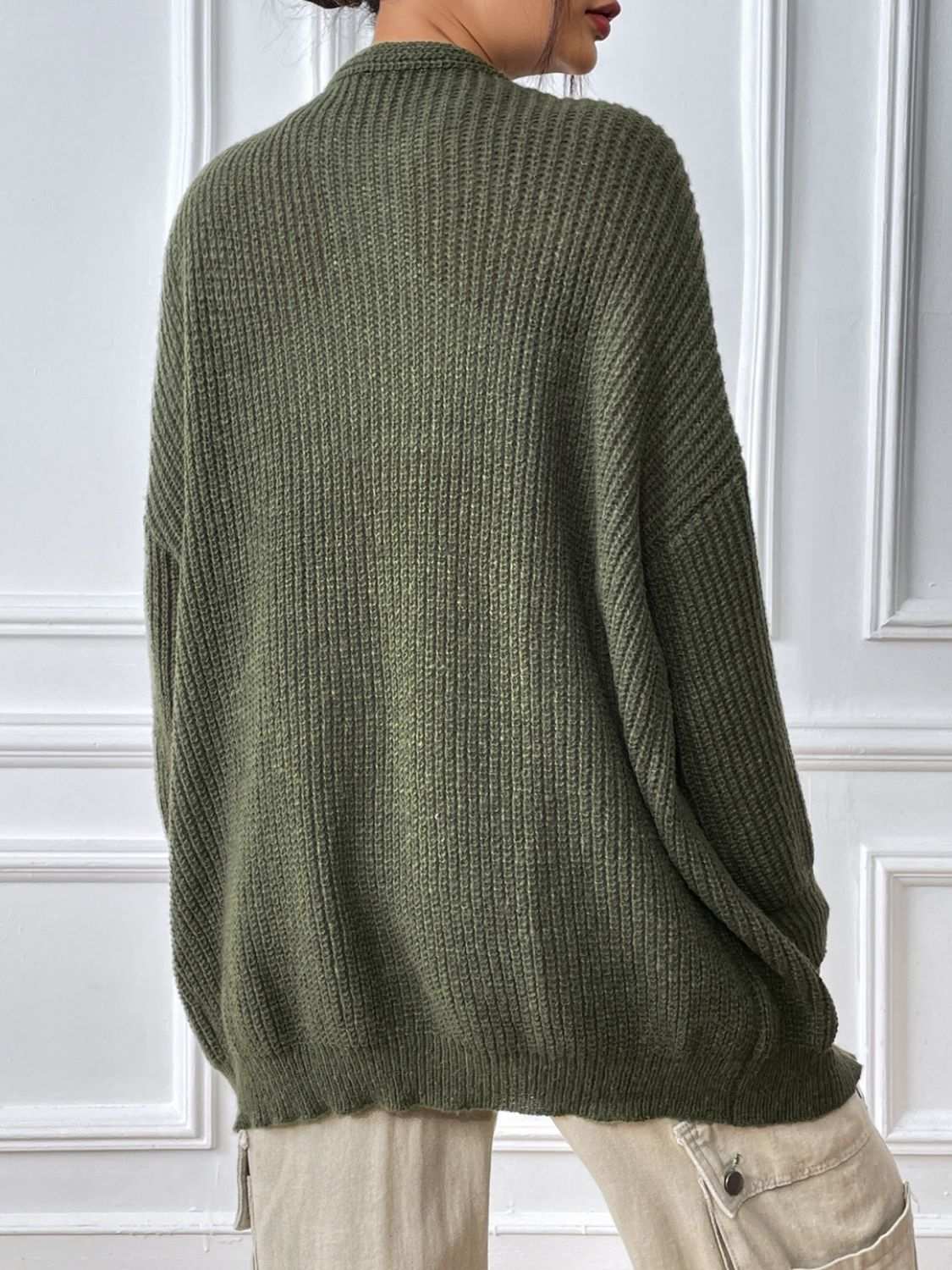 Open front long sleeve cardigan in olive green, moderate stretch, back view.