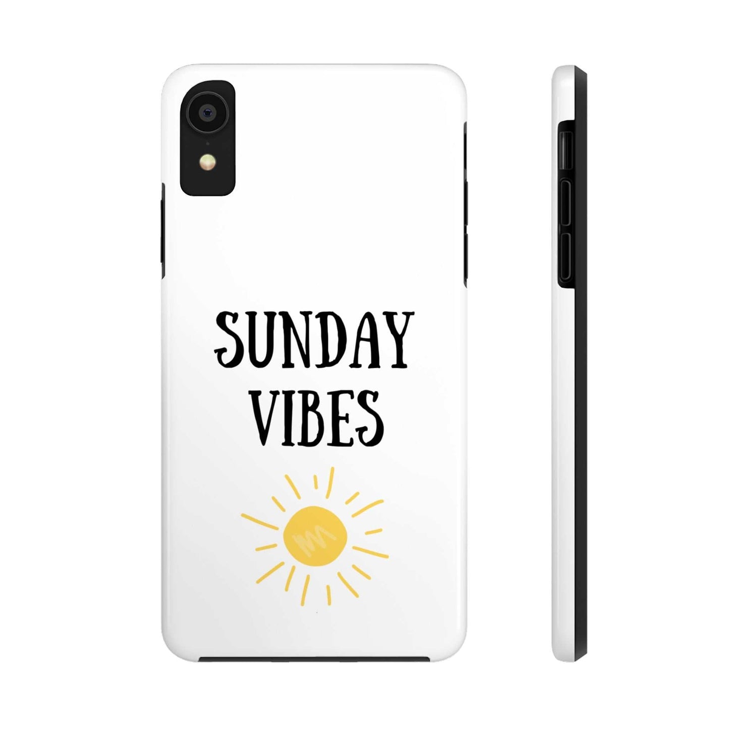 Phone case with 'Sunday Vibes' sun graphic design, durable Lexan plastic, glossy finish.