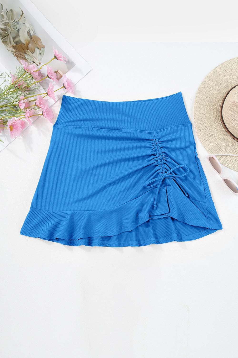 Ruched Elastic Waist Swim Skirt Light Blue