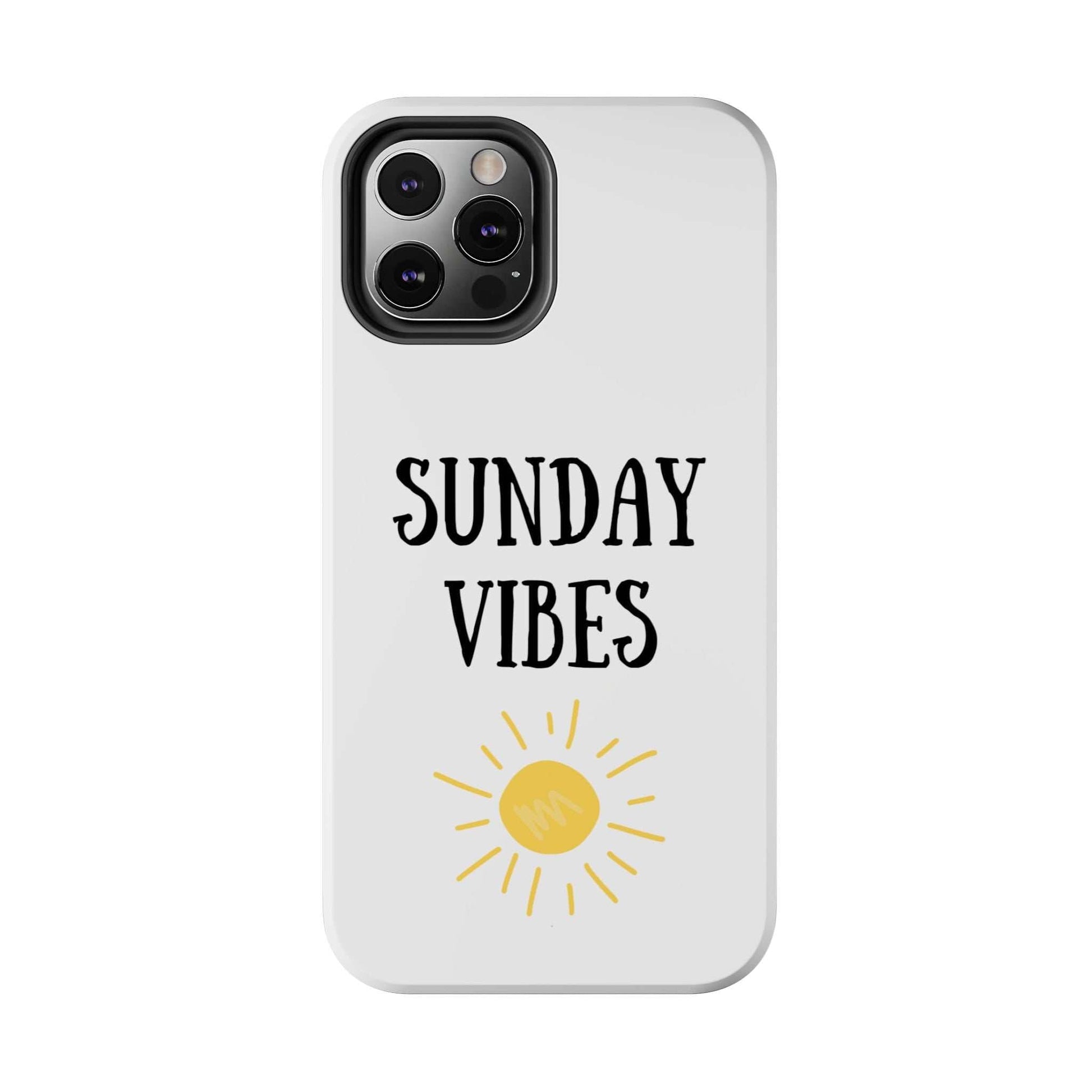 Phone case with 'Sunday Vibes' sun graphic design, durable Lexan plastic, glossy finish.