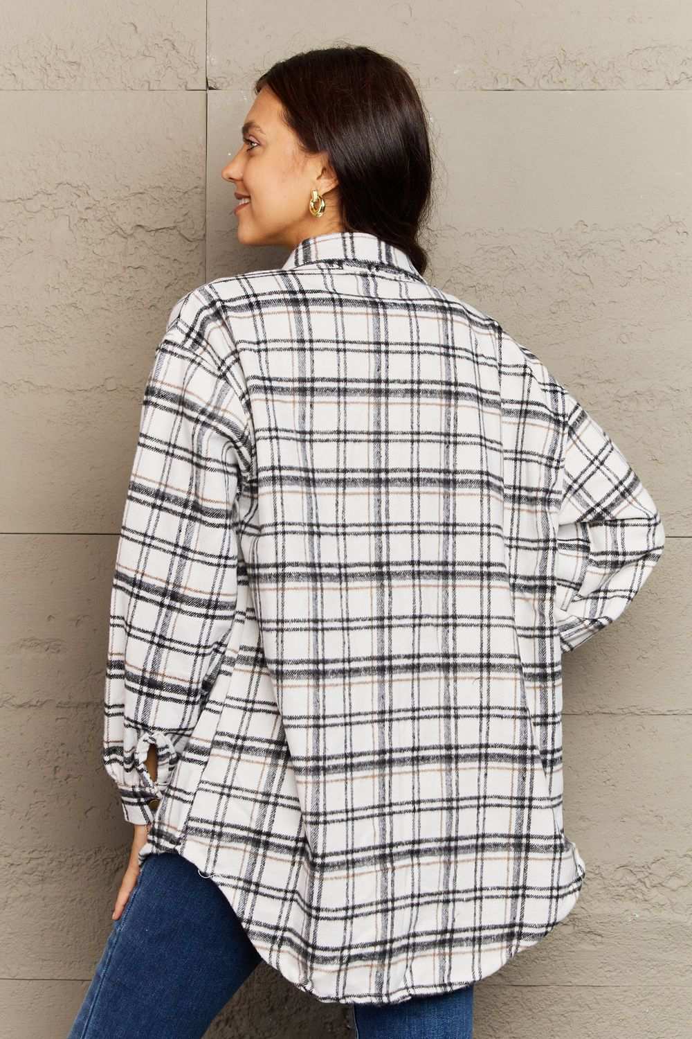 Ninexis Full Size Plaid Collared Neck Button-Down Long Sleeve Jacket White