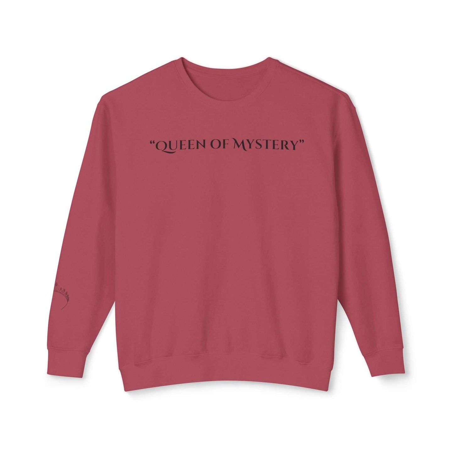 Red Queens Mystery Sweatshirt with "Queen of Mystery" text, 100% cotton, ribbed cuffs, and relaxed fit.