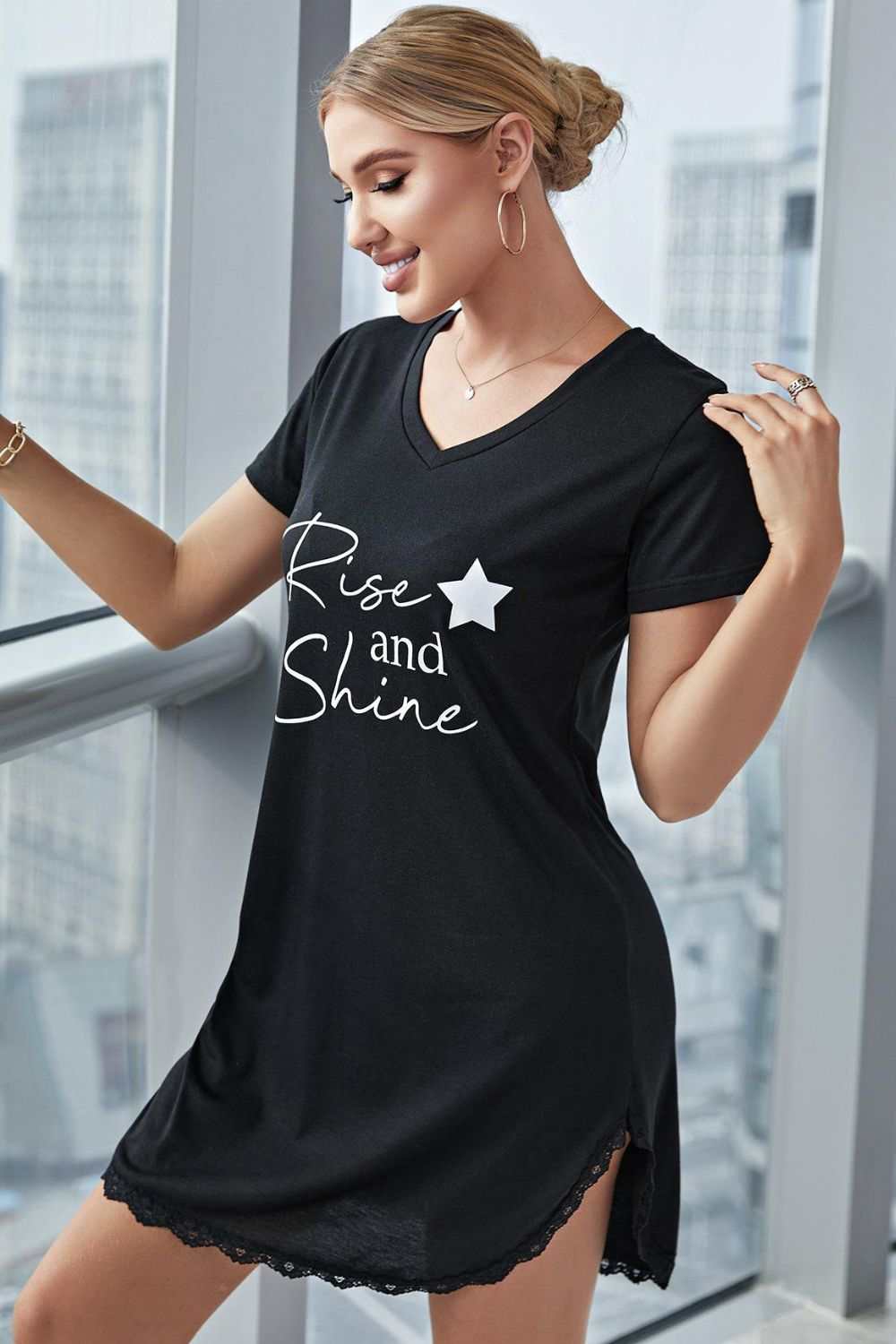 RISE AND SHINE Contrast Lace V-Neck T-Shirt Dress in black with graphic print and short sleeves.