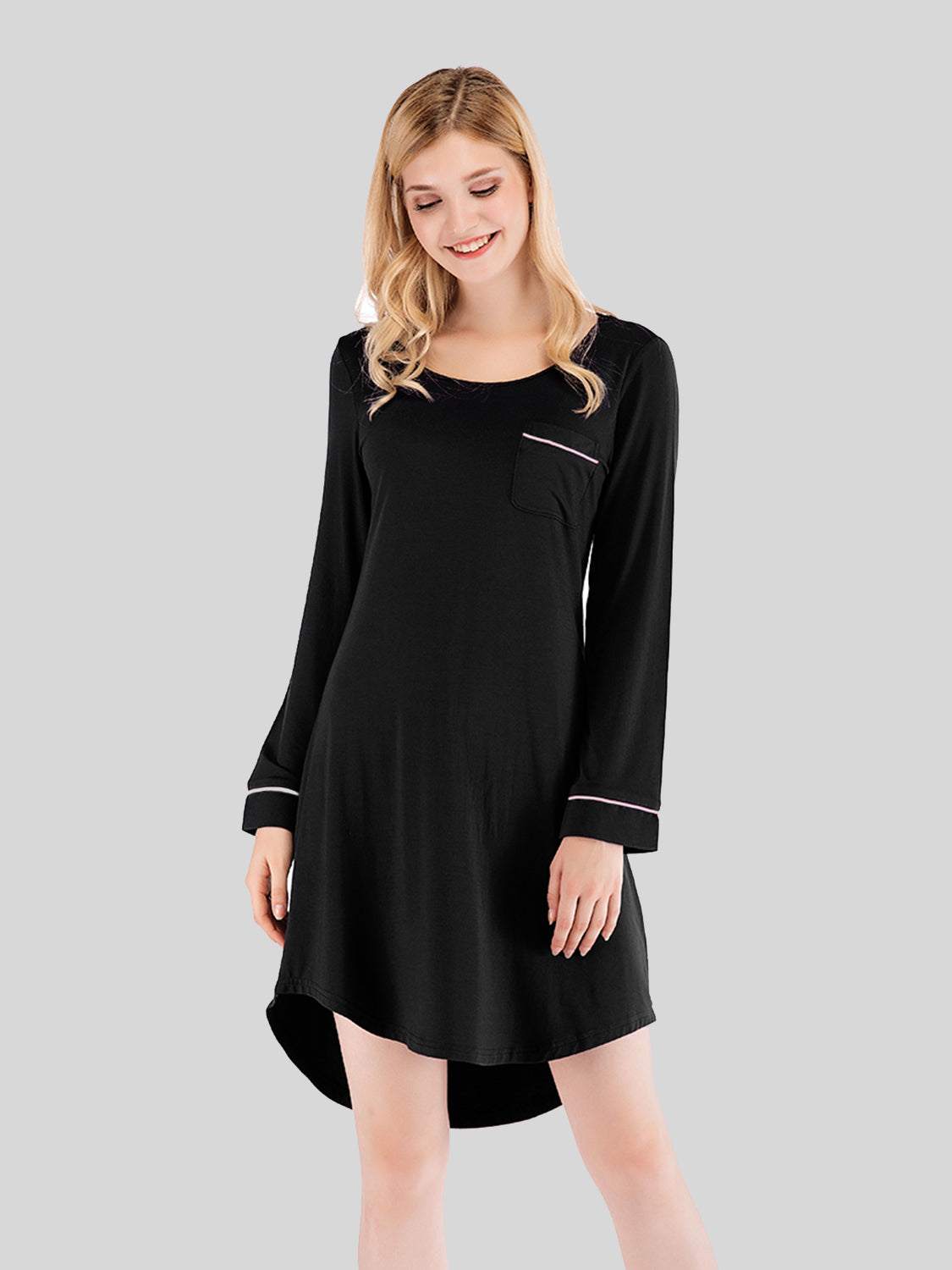 Round neck night dress with pocket, black, slightly stretchy fabric.