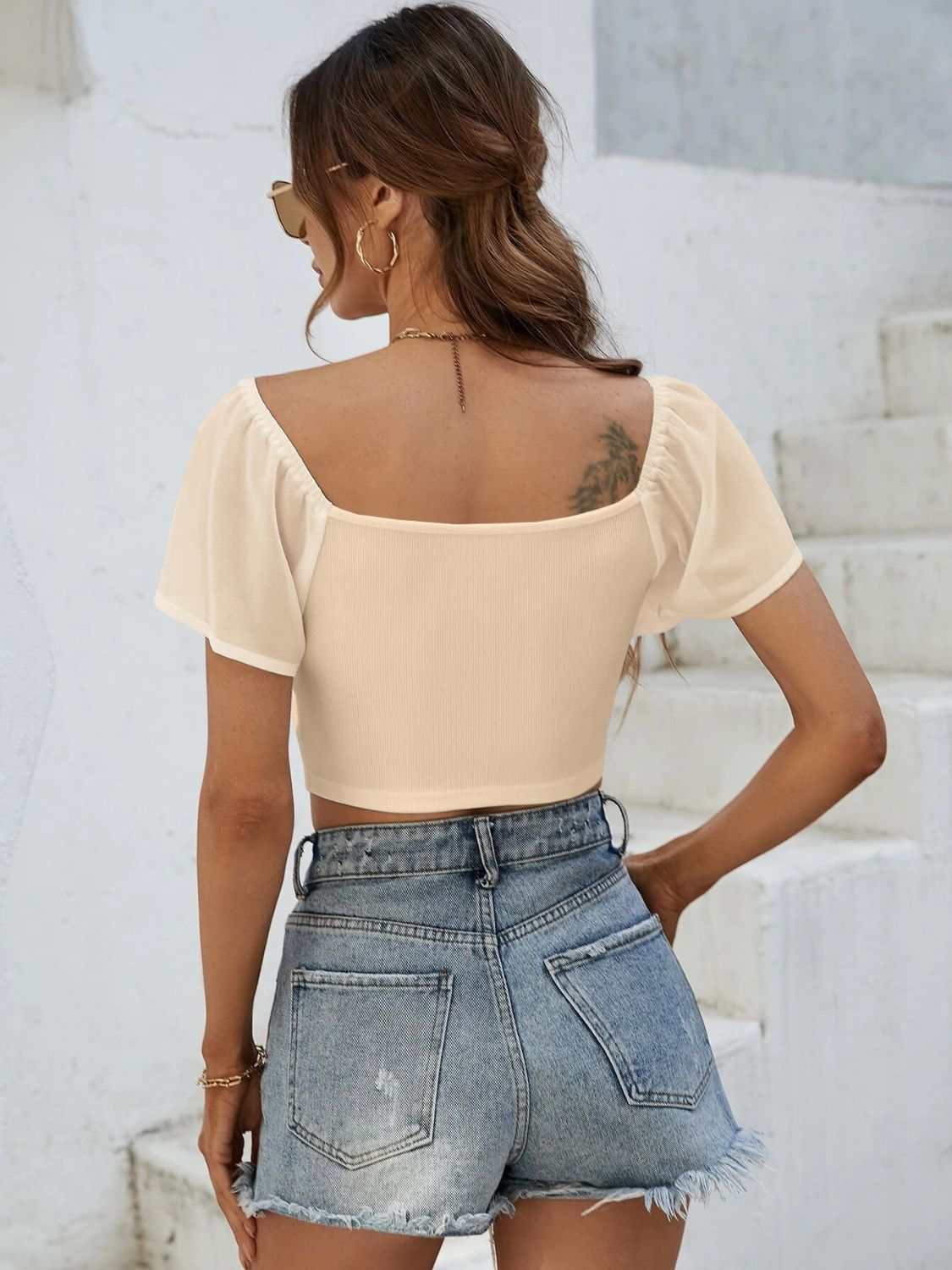 Drawstring Short Sleeve Crop Top