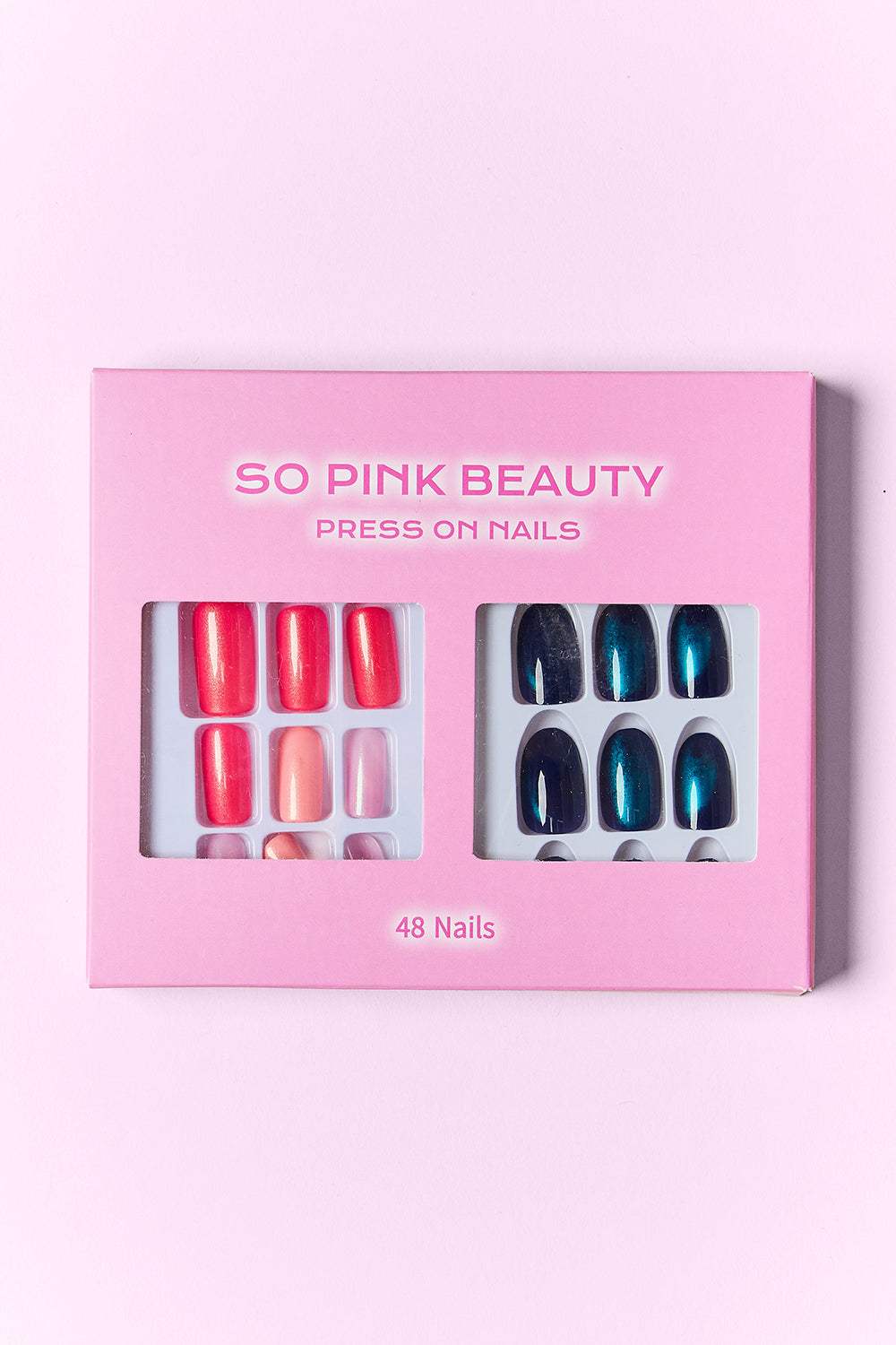 SO PINK BEAUTY Press On Nails Two Packs in stylish pink and dark designs, 48-piece set with glue, enhancing versatility and convenience for a salon-worthy look.