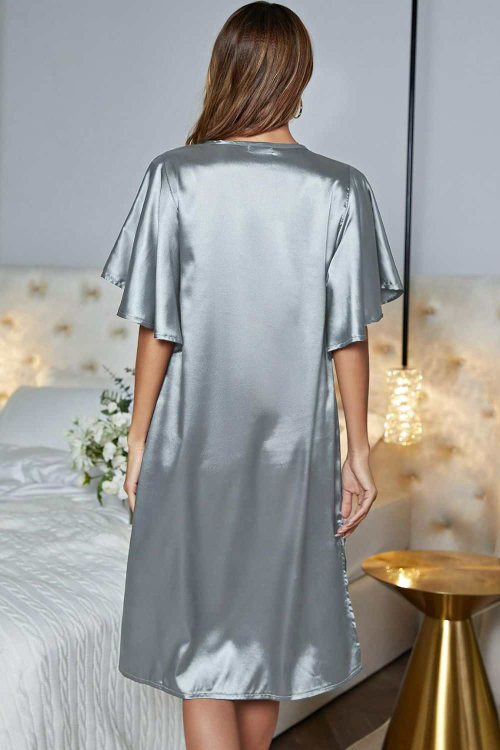 Satin flutter sleeve side slit V-neck night dress in solid color, minimalist style.