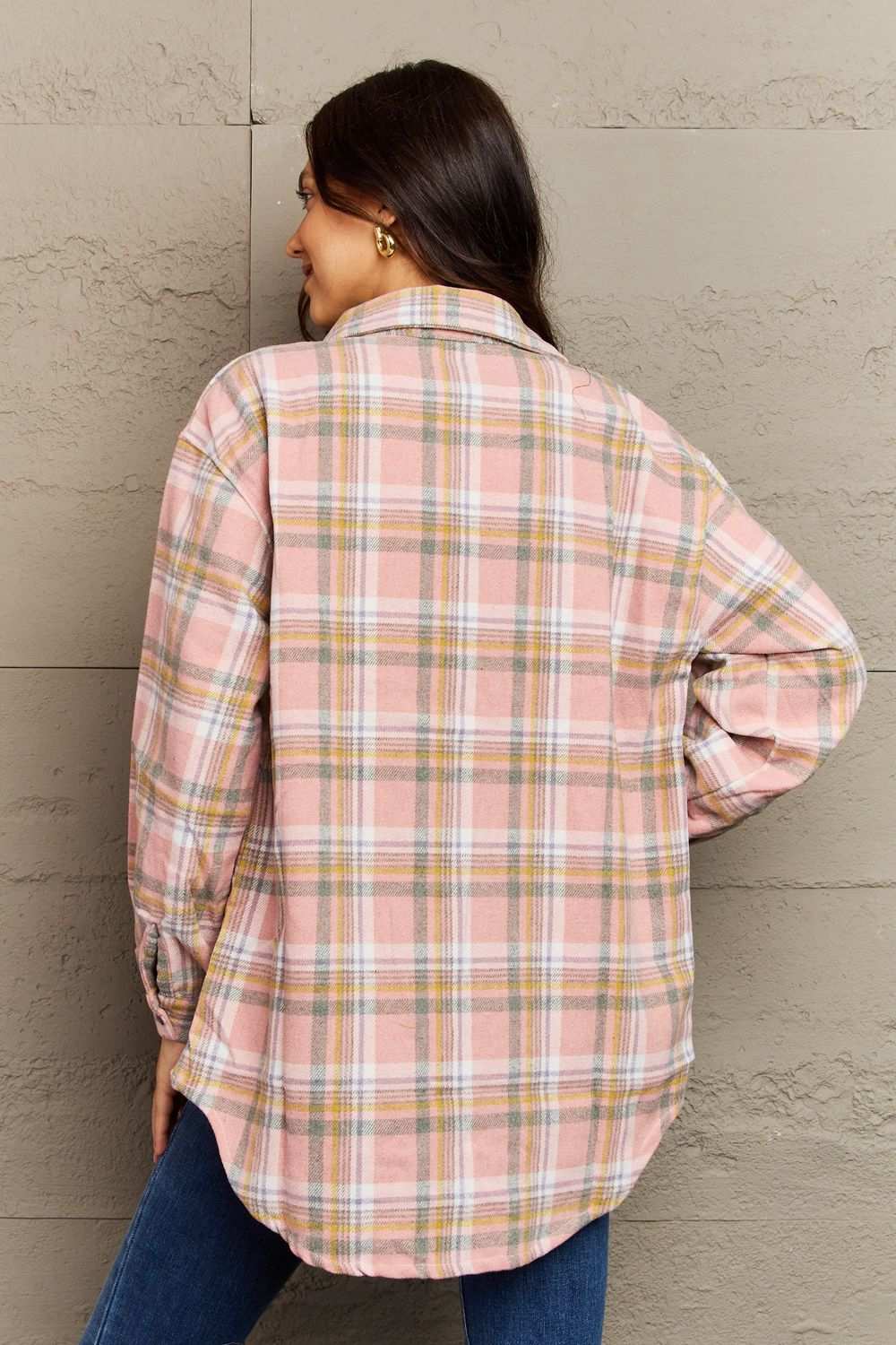 Ninexis Full Size Plaid Collared Neck Button-Down Long Sleeve Jacket Blush Pink