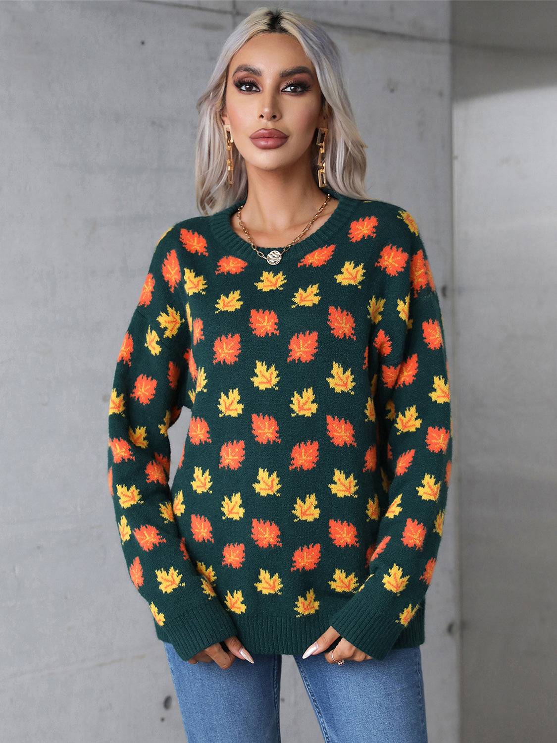 Angel Wings Maple Leaf Round Neck Long Sleeve Sweater Dark Green