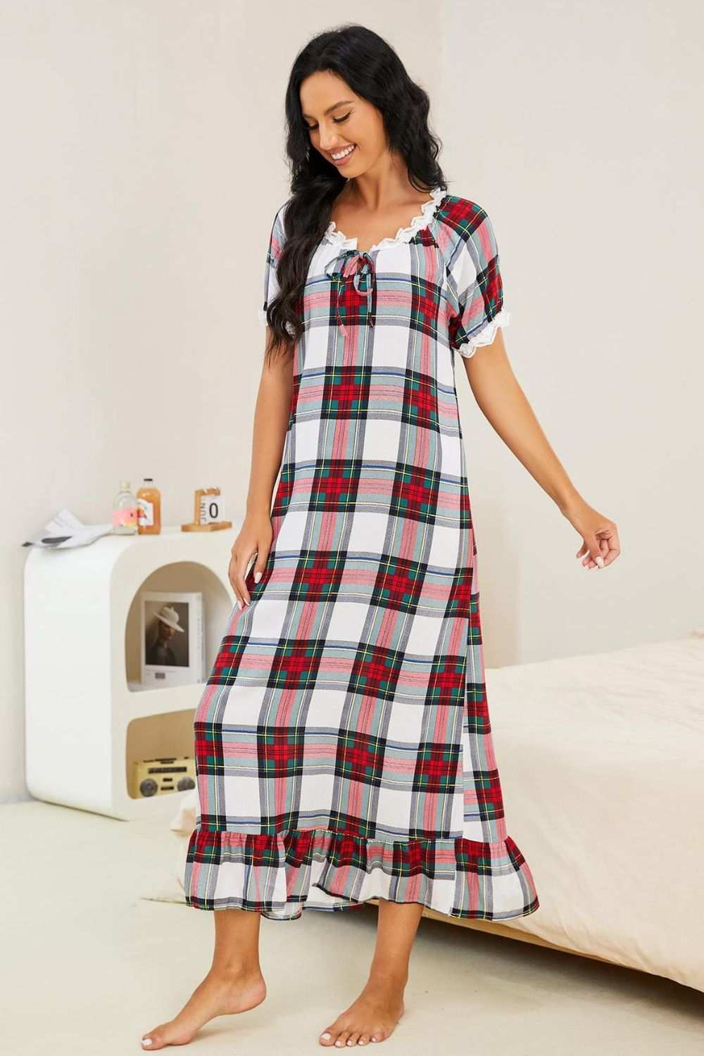 Plaid lace trim ruffle hem night dress with short sleeves and round neck.