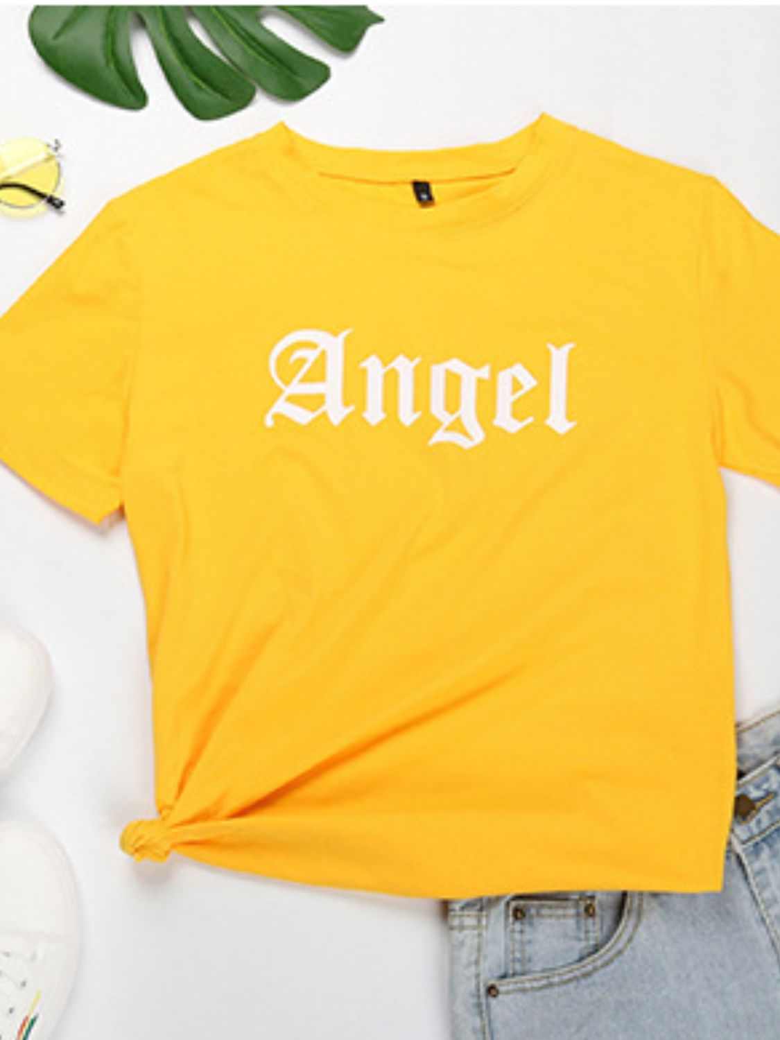 Perfee ANGEL yellow round neck short sleeve t-shirt with white "Angel" text.