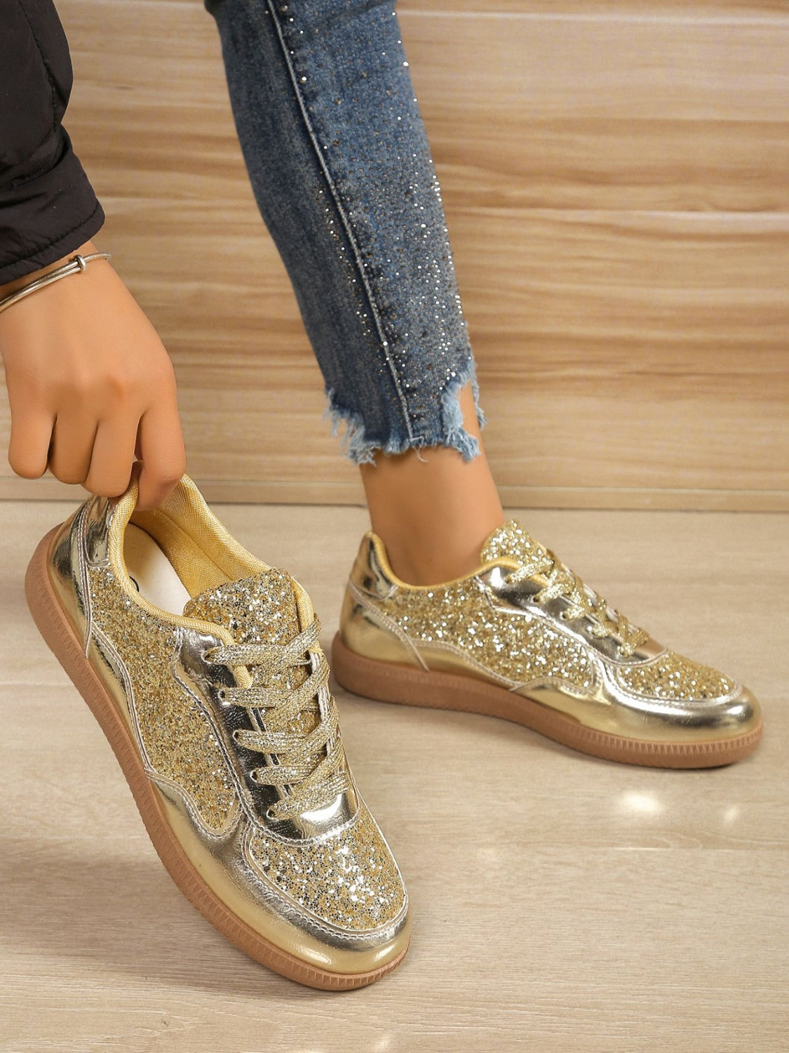 Sequin PU Leather Flat Sneakers