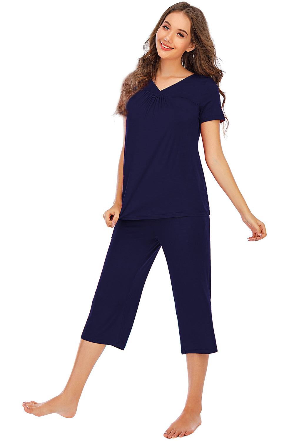 V-Neck Short Sleeve Top and Pants Lounge Set in navy, two-piece stretchy fabric, relaxed fit.