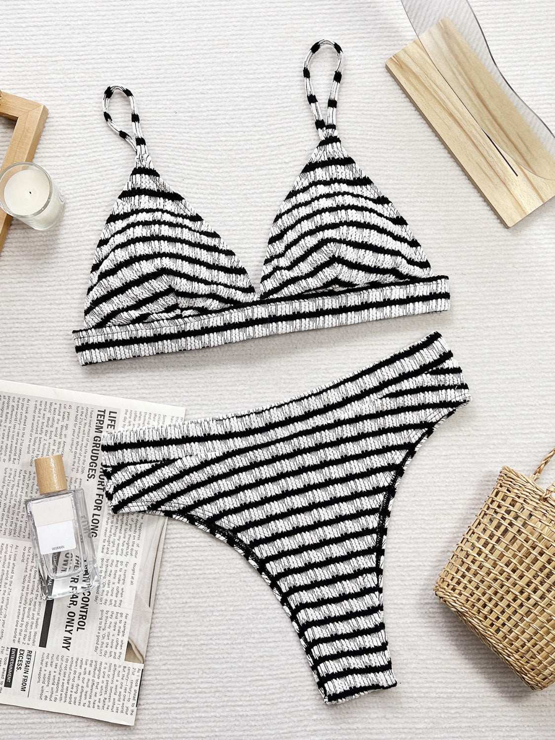 Striped V-Neck Two-Piece Swim Set with non-removable padding and no underwire.