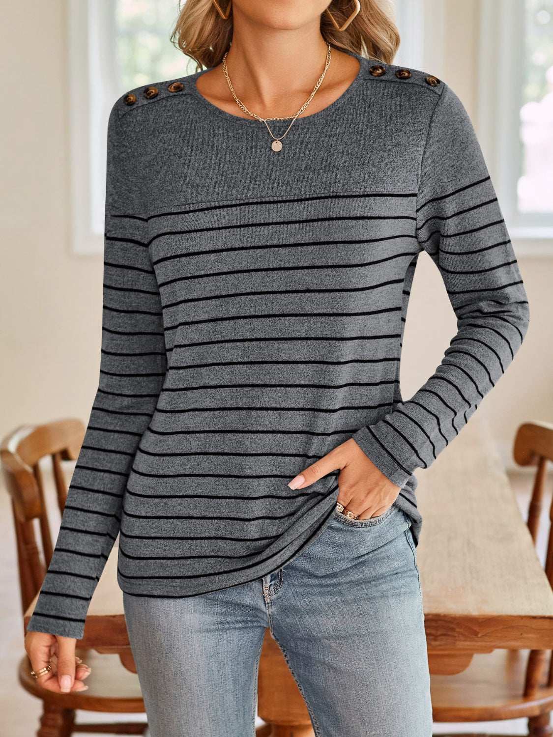 Lovelet Striped Round Neck Long Sleeve T-Shirt