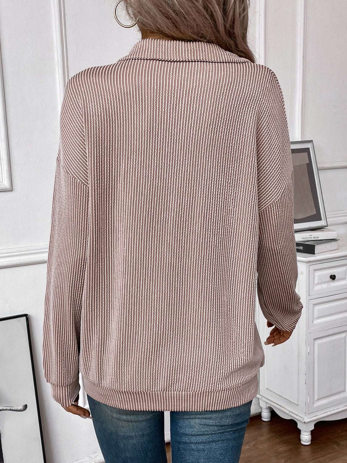 Double Take Striped Half Zip Long Sleeve T-Shirt Success Taupe