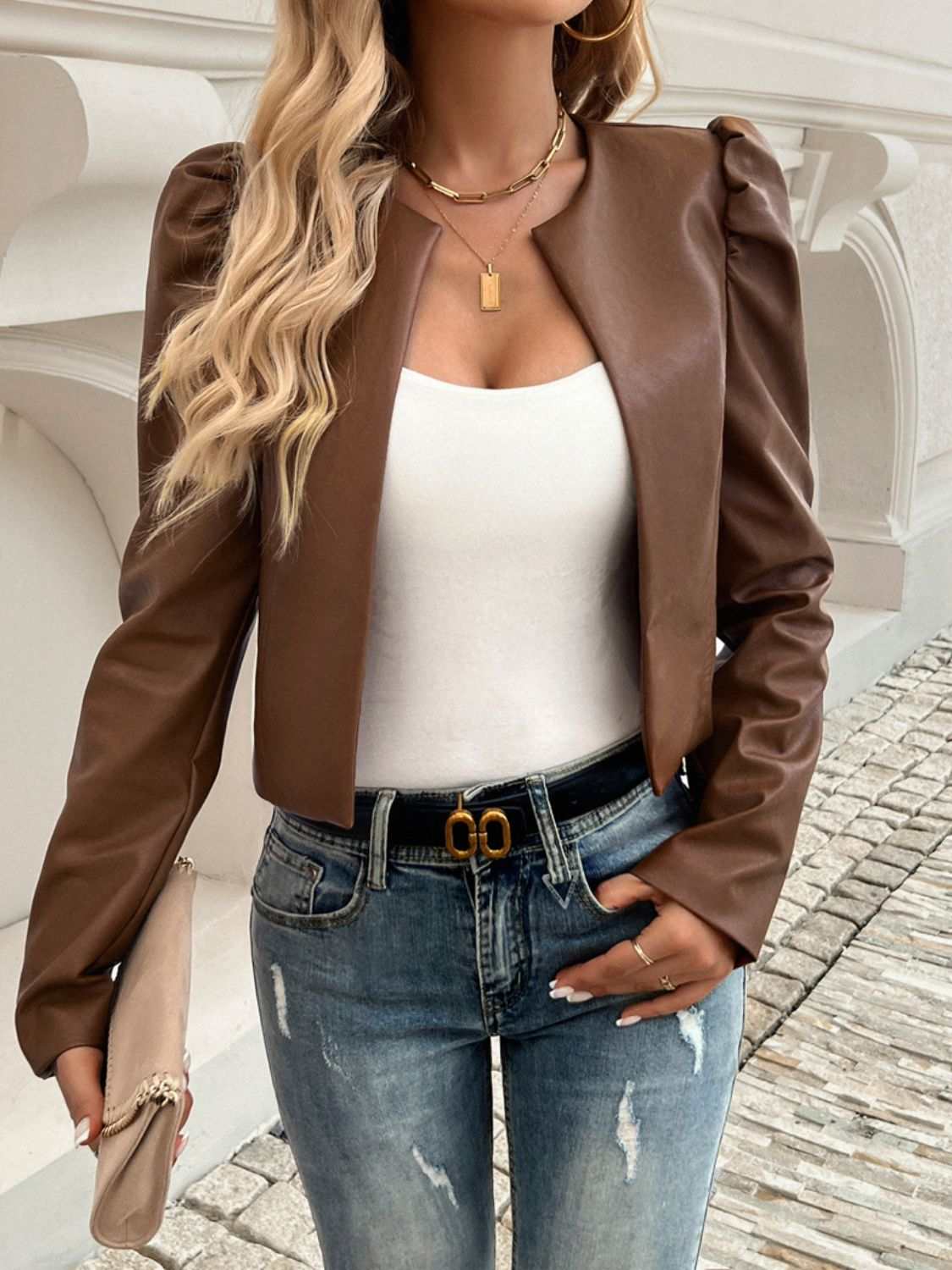 Devine Open Front Puff Sleeve Jacket in brown, styled with jeans and a white top.