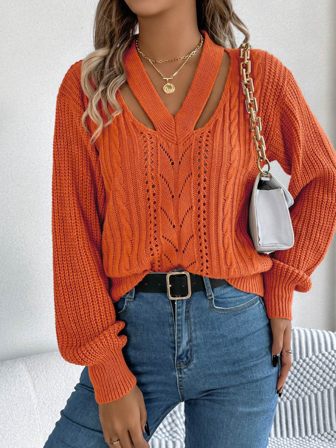 Cutout V-Neck Long Sleeve Sweater Terracotta 