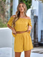 Full size off-shoulder short sleeve top and tied shorts set in yellow, slightly stretchy polyester.