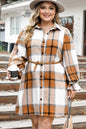 Plus size plaid button-up shirt dress with long sleeves and belt.