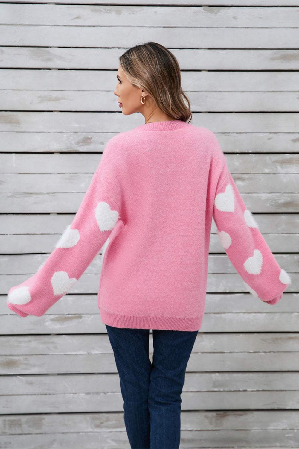 Angel Wings Heart Dropped Shoulder Long Sleeve Sweater Pink