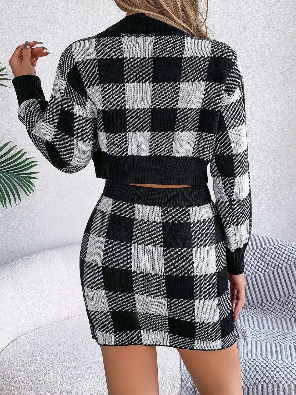 Plaid Round Neck Top and Skirt Sweater Set Black