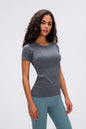 Women's Millennia Round Neck Short Sleeve Active T-Shirt in gray.