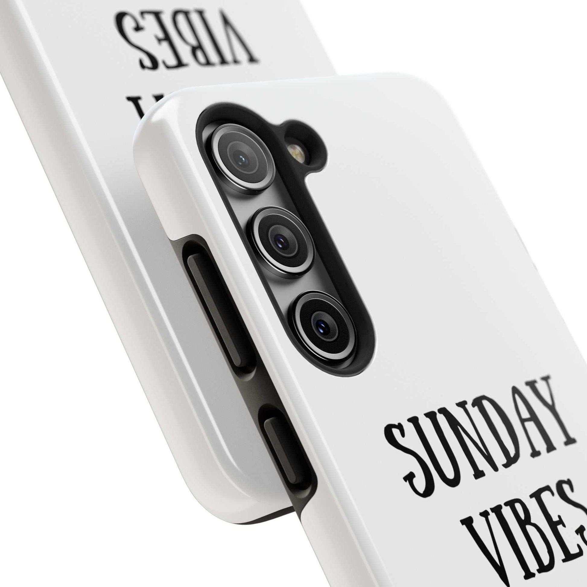 Phone case with 'Sunday Vibes' sun graphic, durable Lexan plastic, glossy finish.