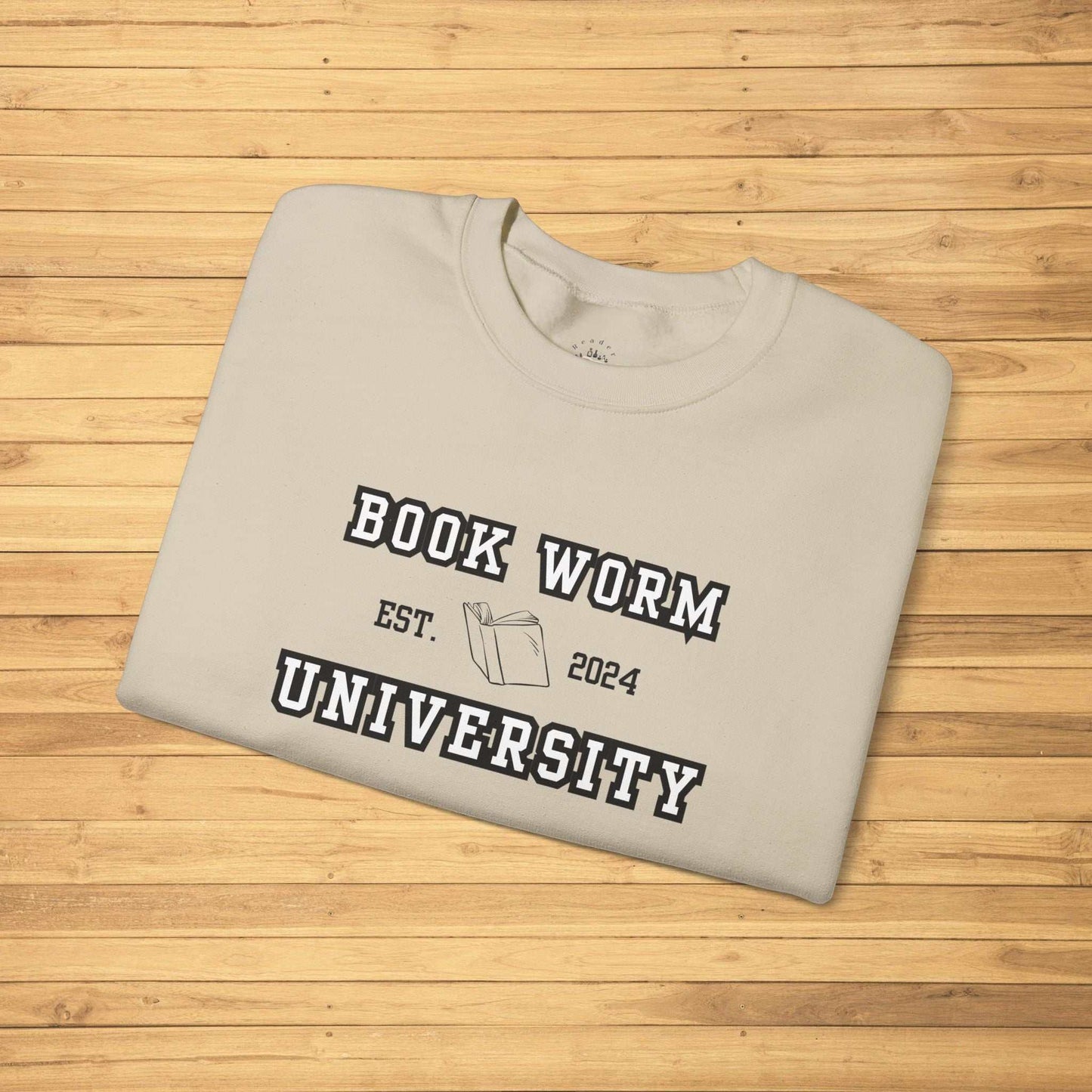 Bookworm University Crewneck Sweatshirt with Est 2024 design, cotton-polyester blend, classic fit.